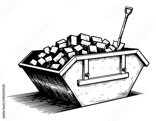 Hand drawn construction skip container filled with bricks and a shovel, industrial waste and renovation rubble illustration isolated on white