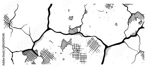Minimalist hand drawn cracked ground texture with desert fissures and ink cross hatching