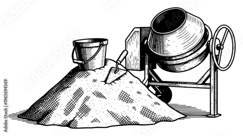 Construction site scene with cement mixer and sand pile