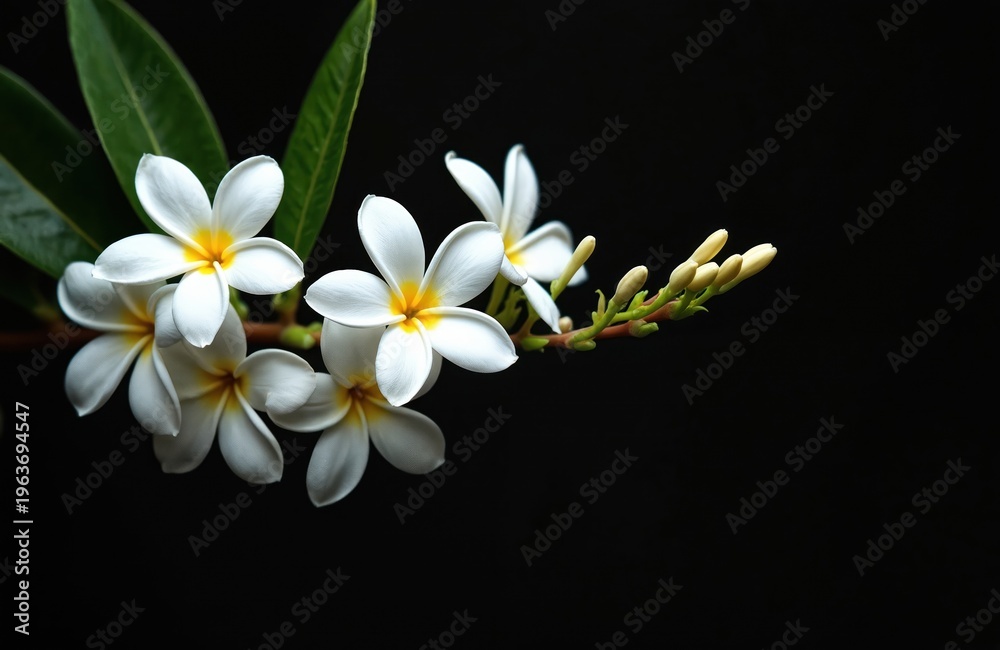 Fototapeta premium White plumeria flowers bloom on dark background with green leaves. Tropical plant branch shows delicate petals with yellow centers and small buds. Peaceful nature macro shot.