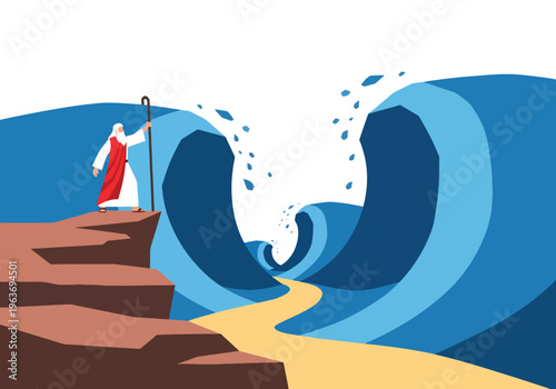 Moses parting red sea with staff, biblical exodus story, israelites escaping egypt, divine intervention, journey of faith, miracle water wall.