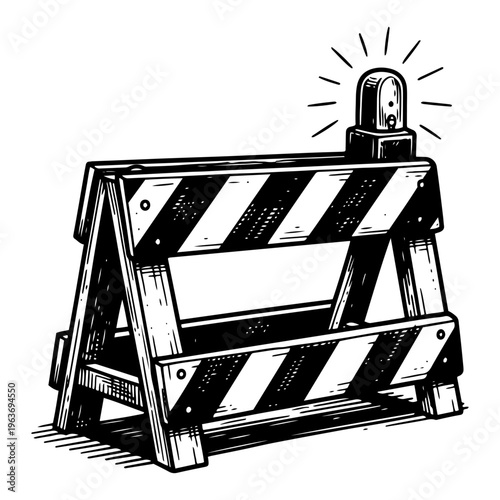 Wooden road construction barricade with warning light and stripes in vintage style
