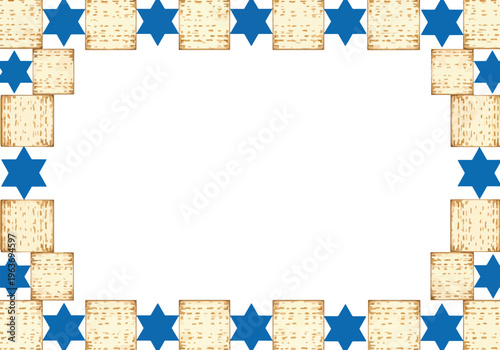 Passover matzah frame with star of david blue symbols and unleavened bread squares border design for jewish holiday celebration and religious event.