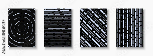Collection of digital technology striped abstract covers, templates, placards, brochures, banners, flyers, backgrounds. Futuristic posters with motion dash elements