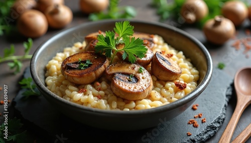Creamy mushroom risotto with tender chicken topping and fresh parsley. Hearty main course served in bowl. Delicious rice dish with cooked fungi and poultry.