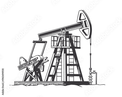Oil derrick or a pump jack isolated on a white background. Oil extracting industrial equipment. Black and white monochrome vector illustration