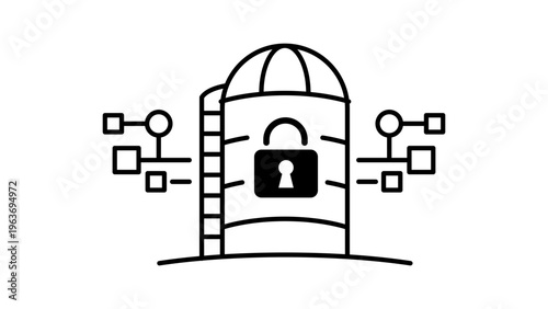 Minimalist black line vector icon of a data silo with a padlock and network nodes, representing data security, information isolation, and storage protection on a clean white background illustration.