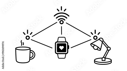 Internet of Things IoT Concept Illustration: Minimalist Black Line Vector Icon of Connected Smart Home Devices including Coffee Mug, Smartwatch, and Desk Lamp on White Background for Technology.