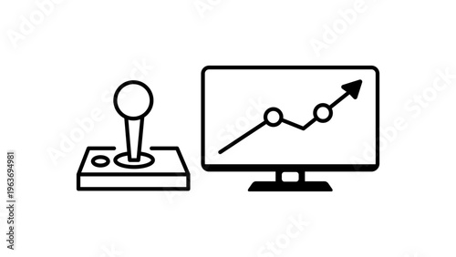 Gamification minimalist black line vector icon illustration featuring a retro joystick and computer monitor with a rising growth graph, perfect for business engagement and progress concepts.