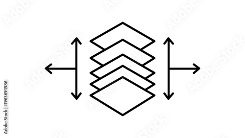 Scalability and expansion minimalist black line vector icon illustration on white background, featuring stacked layers and multi-directional arrows for growth, flexibility, and business success.