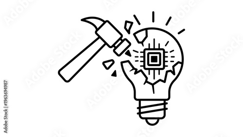 Disruptive Innovation Vector Icon: A minimalist black line illustration of a hammer breaking a lightbulb to reveal a microchip, symbolizing technological advancement, creative destruction, and AI.