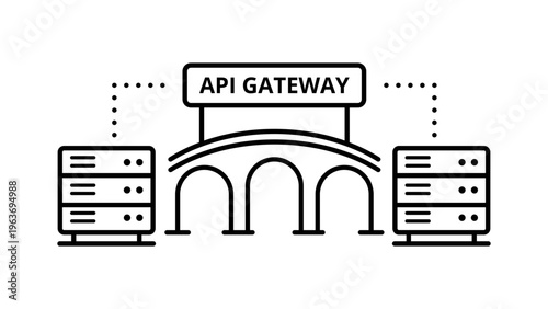 API Gateway minimalist black line vector icon on a white background, representing software architecture with servers and a bridge for data management, scalable illustration for tech projects.