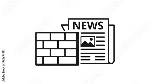 Minimalist black line vector icon illustration of a brick wall blocking a newspaper, representing a digital paywall, news subscription barrier, restricted media access, and content monetization.