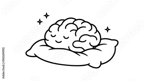 Minimalist black line vector icon of a brain with a peaceful face sleeping on a soft pillow, representing mental health awareness, rest, and well-being, isolated on white background illustration.