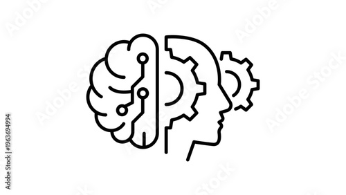 AI Integration minimalist black line vector icon on white background representing artificial intelligence, machine learning, human brain, and mechanical gears for technology and automation.