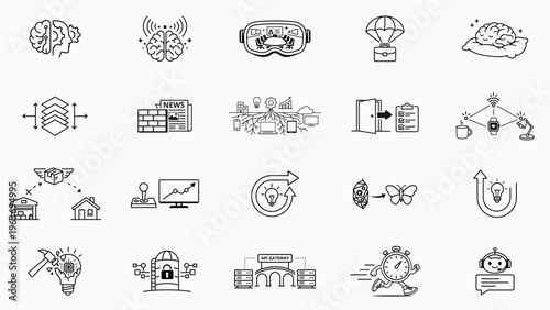 20 Minimalist Black Line Vector Icon Set Bundle: Business and Tech Concepts including AI Integration, Metaverse, Agile Sprint, IoT, Data Security, Innovation, Growth, and Change Management.