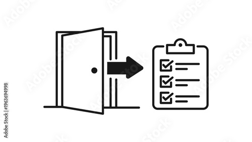 Employee offboarding minimalist black line vector icon illustration featuring an open door with an exit arrow pointing to a checklist clipboard, ideal for HR business process and exit procedures.