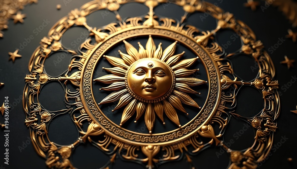 Obraz premium Intricate gold sun mandala ornament on black background. Celestial art piece with symbolic sun face, sun rays, stars. Decorative cosmic pattern for spiritual or mystical themes.