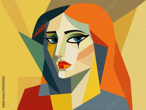 A female portrait made of geometric shapes and color blocks in a cubist style.