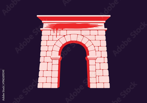 Stone arch vector illustration, old ancient architectural entrance, historical building concept on dark background.