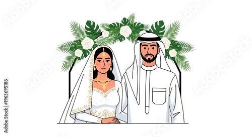 A traditional wedding scene with a smiling bride and groom dressed in white attire standing under lush greenery.