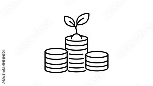 Minimalist black line vector icon illustration of a small plant sprout growing from a stack of coins, symbolizing financial growth, investment success, wealth accumulation, and economic prosperity.