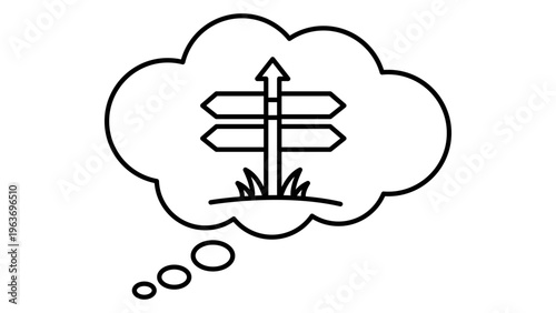 Scenario Planning Vector Icon: A minimalist black line illustration of a thought bubble with a multi-directional signpost, symbolizing strategic decision-making, future paths, and choice options.