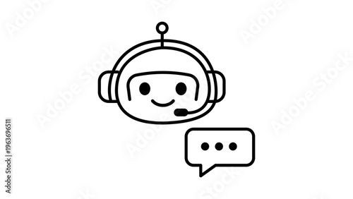 Automated Customer Service Chatbot Vector Icon Illustration. Minimalist black line art design of a robot wearing a headset with a speech bubble, representing AI support on a white background.