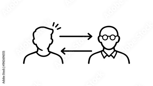 Reverse mentoring vector icon illustration featuring a young person and an older person with glasses exchanging knowledge, represented by arrows, minimalist black line art on white background.