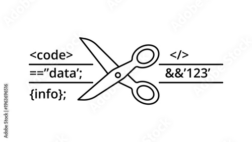 Data Pruning and Code Optimization Vector Icon: A minimalist black line illustration featuring scissors cutting through programming code snippets, symbolizing data cleaning and refactoring.