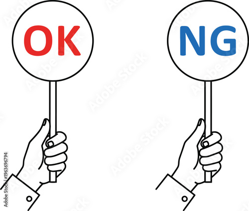 Minimalist hand holding OK and NG signs, line art vector icons, feedback and rating symbols