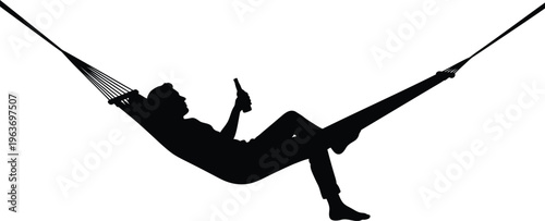 Relaxed man silhouette in hammock, person drinking beer in hammock, summer vacation vector