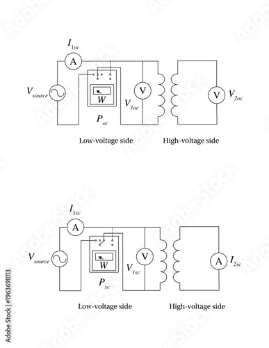 Electrical transformer testing schematic diagram Open-Circuit and Short- Circuit tests
