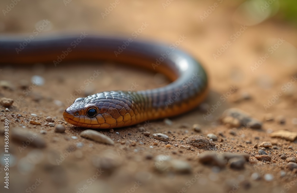 Obraz premium Small legless lizard crawls on dirt ground. Shiny scales reflect light on this harmless reptile smooth body. Wildlife and nature photography subject. Rare creature in natural habitat outdoors.