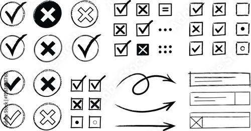 Collection of checkmark and cross icons in various styles and shapes on white background
