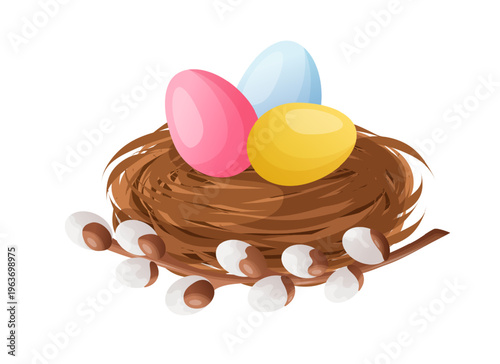 A bird's nest with three colorful Easter eggs and a pussy willow branch. Vector illustration. A spring holiday decoration for Easter cards, gift tags, baking labels, children's worksheets, website