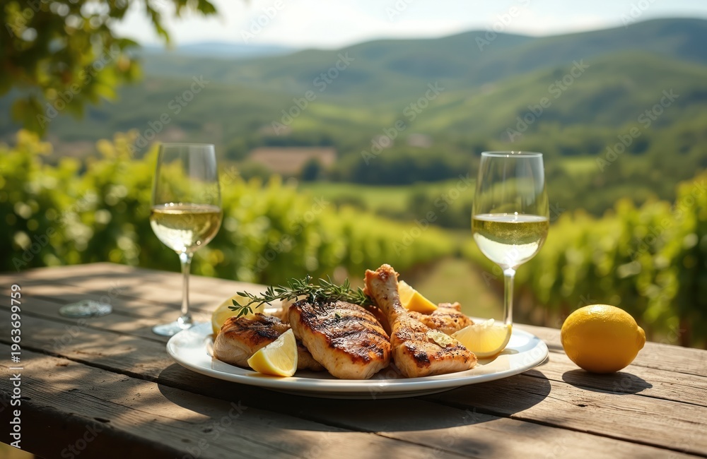 Fototapeta premium Grilled chicken and white wine served on a rustic table overlooking a sunlit vineyard. Fresh lemon wedges and rosemary garnish the plate. Enjoying food and drink in nature beauty.