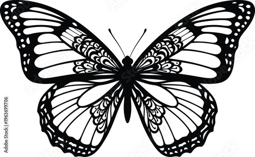 A striking black and white illustration showcases a symmetrically designed butterfly with intricate wing patterns against a plain background