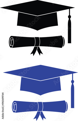 A graphic illustration showcases two graduation caps one black and one blue paired with rolled diplomas tied with ribbons