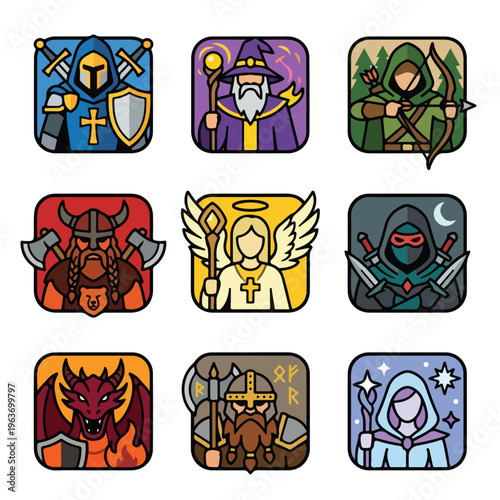 Cartoon fantasy character icons set.