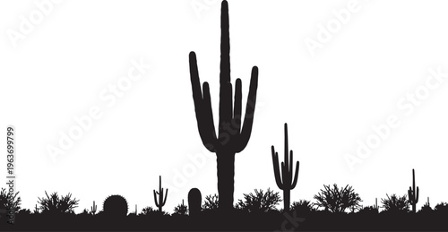 A striking black silhouette depicts several saguaro cacti and desert shrubbery against a stark white background high quality professional detailed