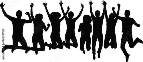 A group of silhouetted people are joyfully jumping and raising their arms in a celebratory and energetic display high quality