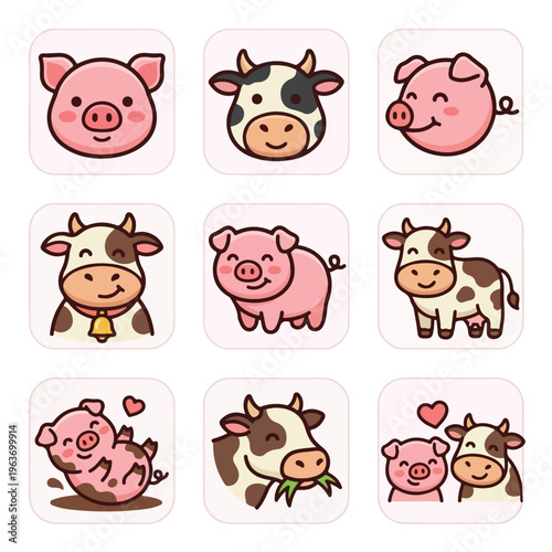 Cute cartoon farm animals icons.