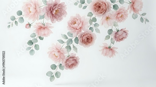 Soft pink roses and eucalyptus branches arranged on white background for wedding invitations, feminine branding and romantic design projects.