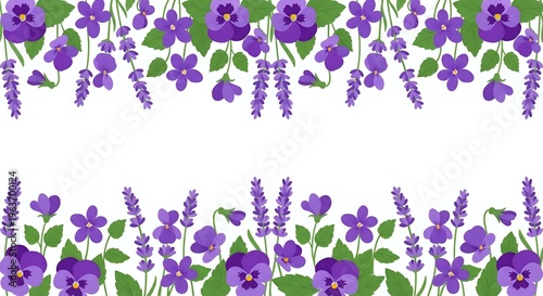 Purple floral border with lavender and pansy flowers on white background. Decorative frame design for invitations, cards and spring projects.