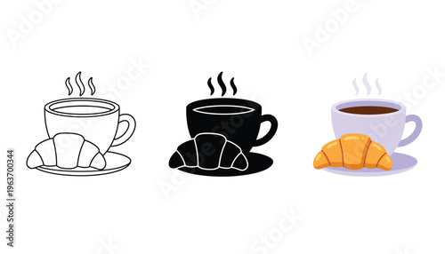 Minimalist coffee and croissant icon set, breakfast food vector, cafe morning snack symbols