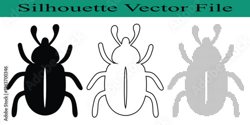 Three different style illustrations of a beetle insect  silhouette  outline  halftone