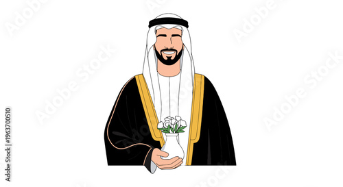 An illustration of a smiling man in traditional attire holding flowers indoors.