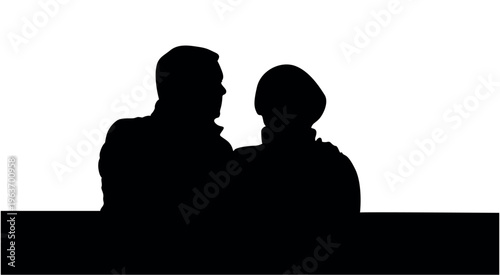 A couple in silhouette embracing warmly and looking at each other over a table against a transparent background. silhouettes of people. vector silhouette of a man. silhouette of a man