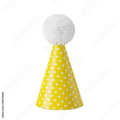 A new, yellow polka dot conical party hat with a fluffy white pom-pom, captured in a detailed, high-key studio product close-up against a transparent background. Festive birthday concept
